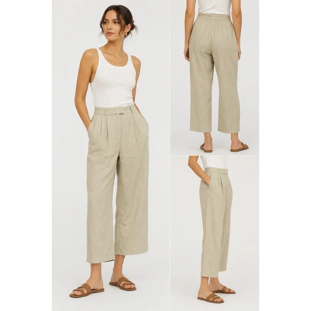 H&M Linen Blend Pleated Cropped Pants Womens US 6 Beige‎ Wide Leg Coastal